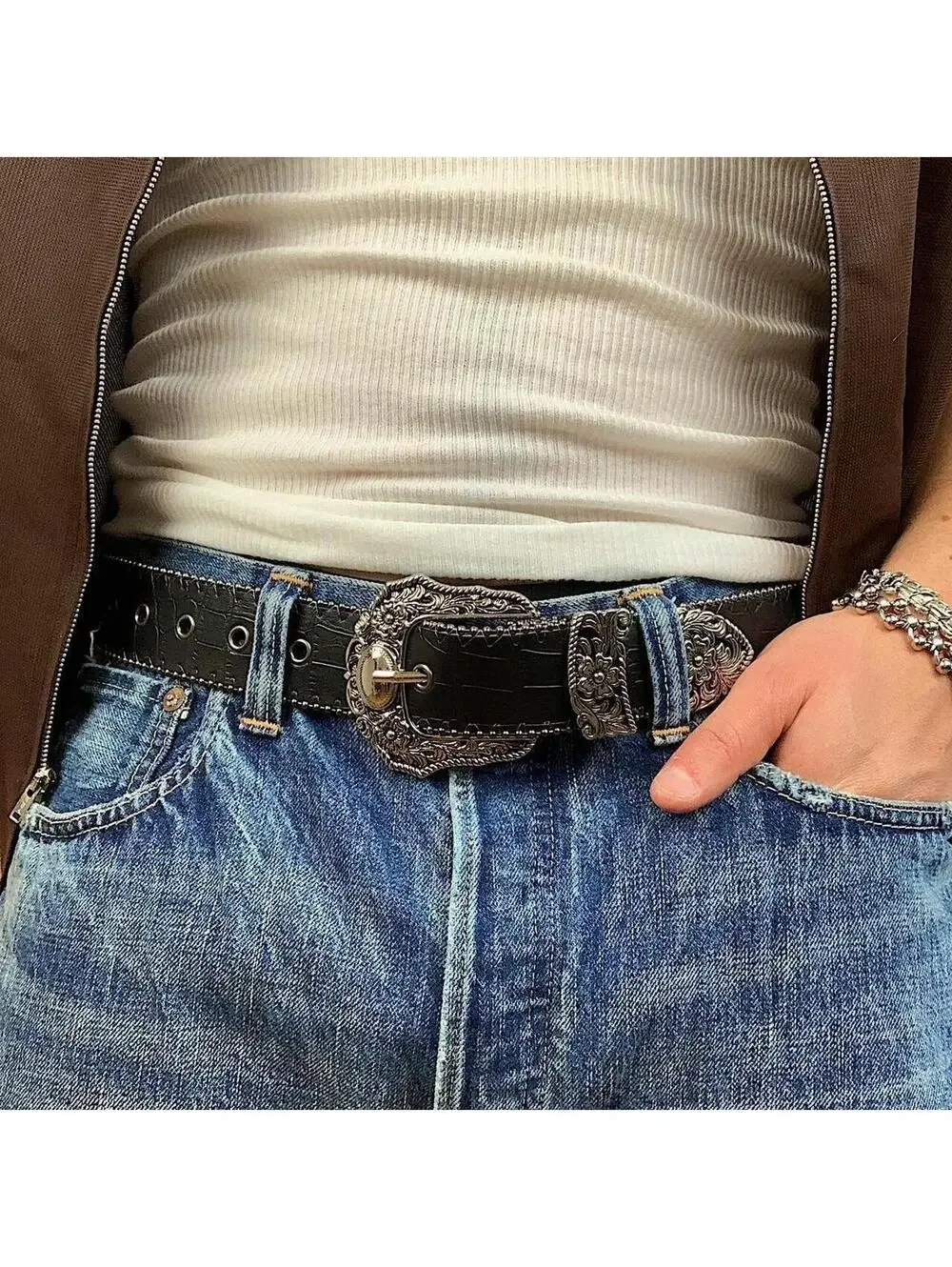 Y2k 2000s style black western silver boho belt. 38.5 inches length. Unisex